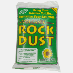 Front view of Turbo Grow Volcanic Rock Dust bag showing product name, branding, and packaging used for soil revitalisation and plant nutrition.