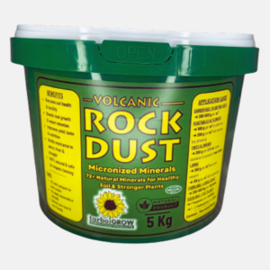 Tub of Turbo Grow Volcanic Rock Dust with micronized minerals, showing product label, benefits, and application information for soil and plant health.